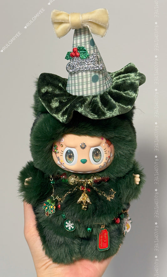 Green Kitty Doll | Christmas Tree Style | Magnetic Tail | OOAK Handmade Plush | Holiday Eyes