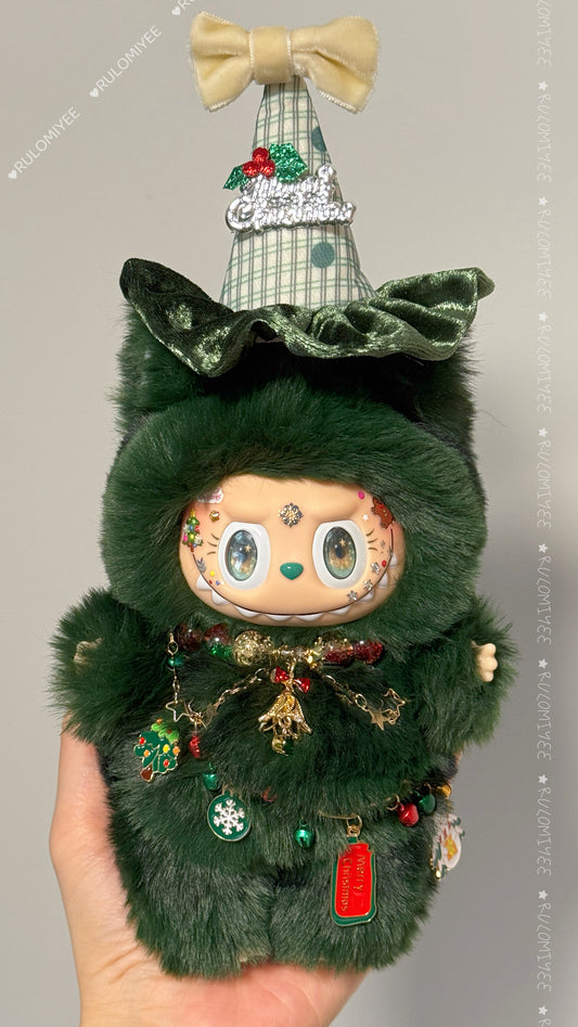 Green Kitty Doll | Christmas Tree Style | Magnetic Tail | OOAK Handmade Plush | Holiday Eyes